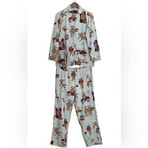 Nick & Nora Pajamas Womens Small Blue Cotton Flannel Sock Monkey Top Bottoms